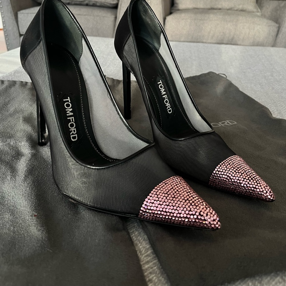 Tom Ford Black Mesh Crystal Pointed Toe Stiletto Pumps – IT 37 / US 7